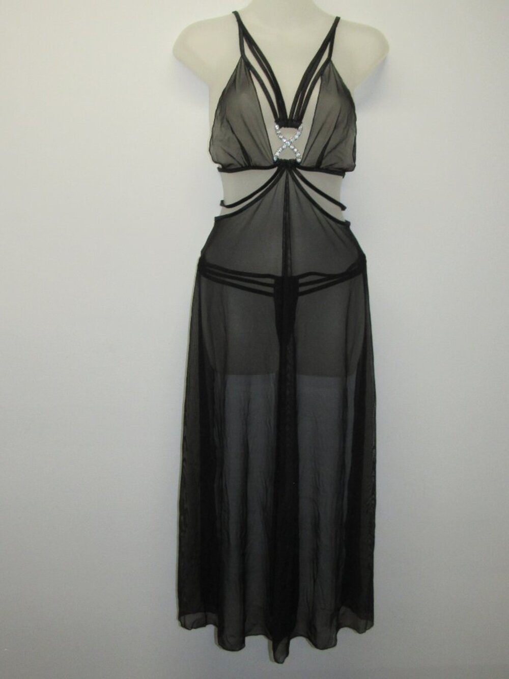 NEW G World Intimates Strappy Thong Teddy Sheer Mesh Overlay Front Rhinestone OS